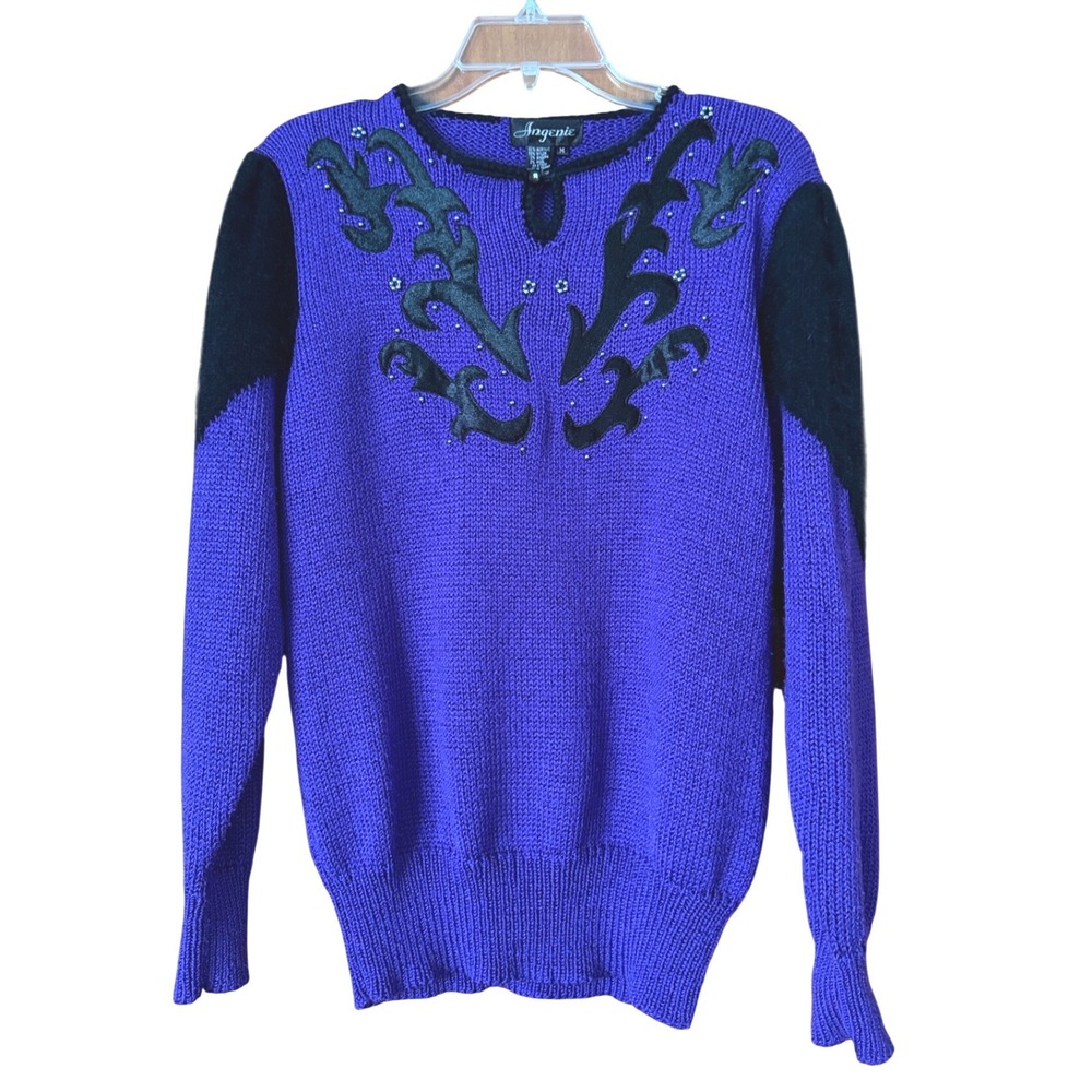 Angenie Vintage Sweater Womens M Purple Black Angora Blend Beaded Applique